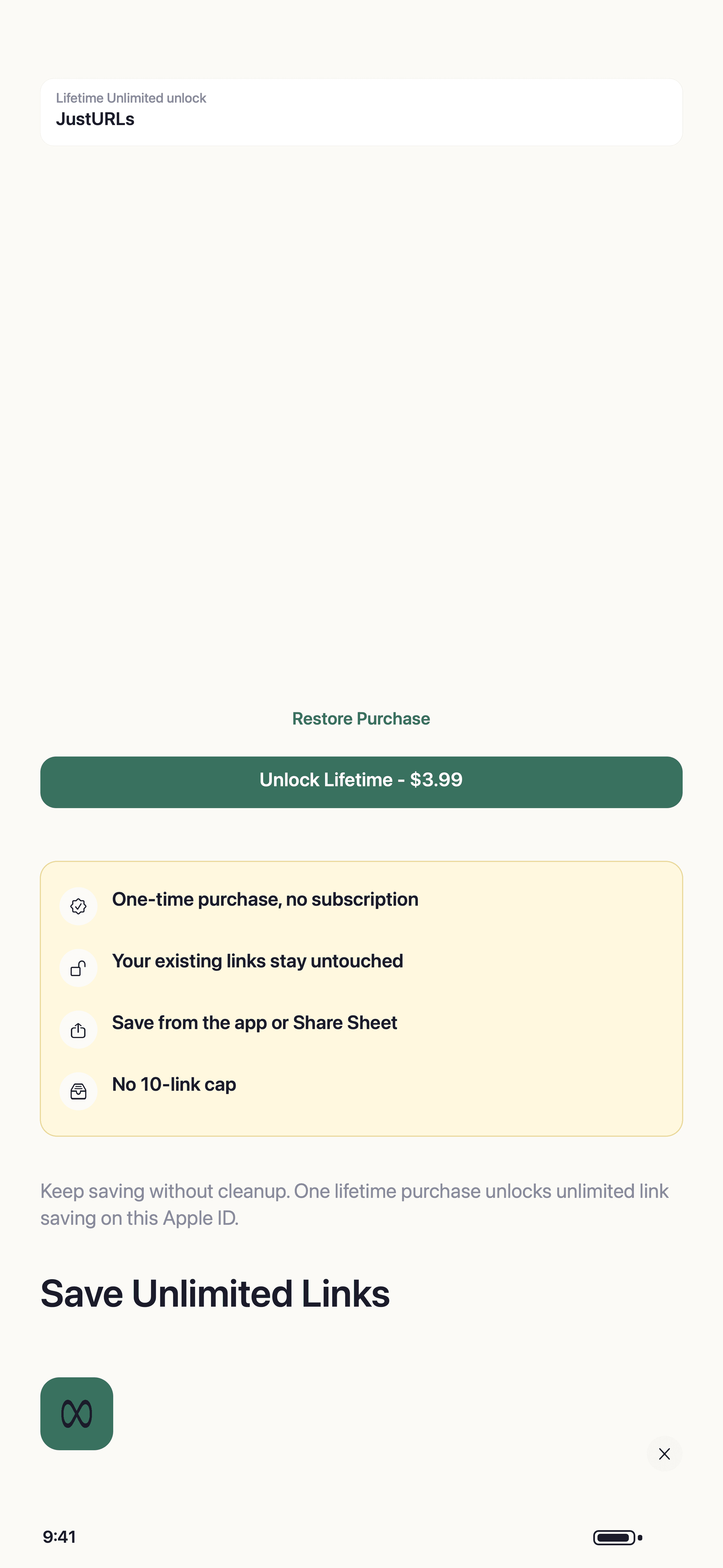 JustURLs Lifetime Unlimited purchase screen