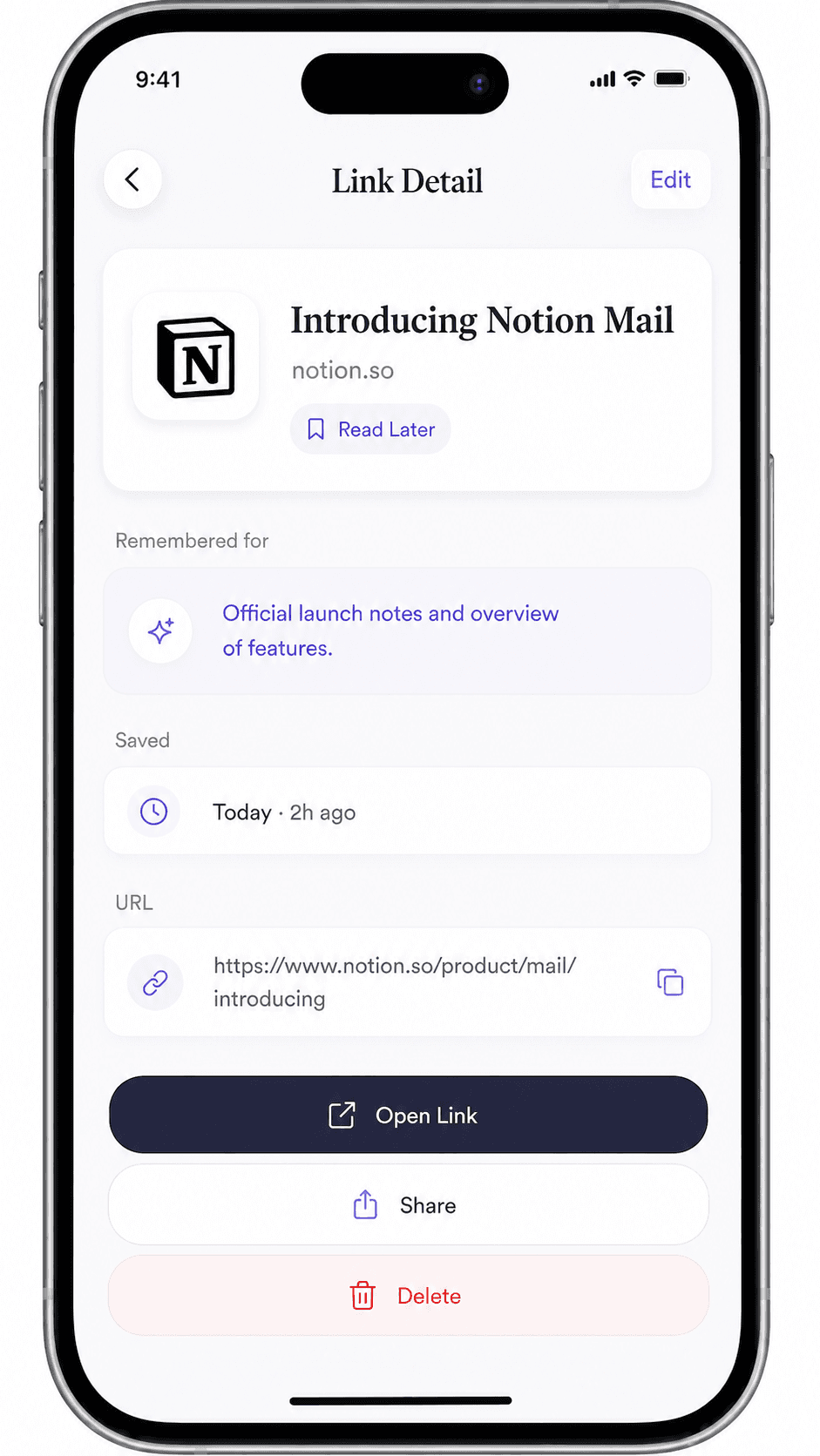 JustURLs Keep details together screen