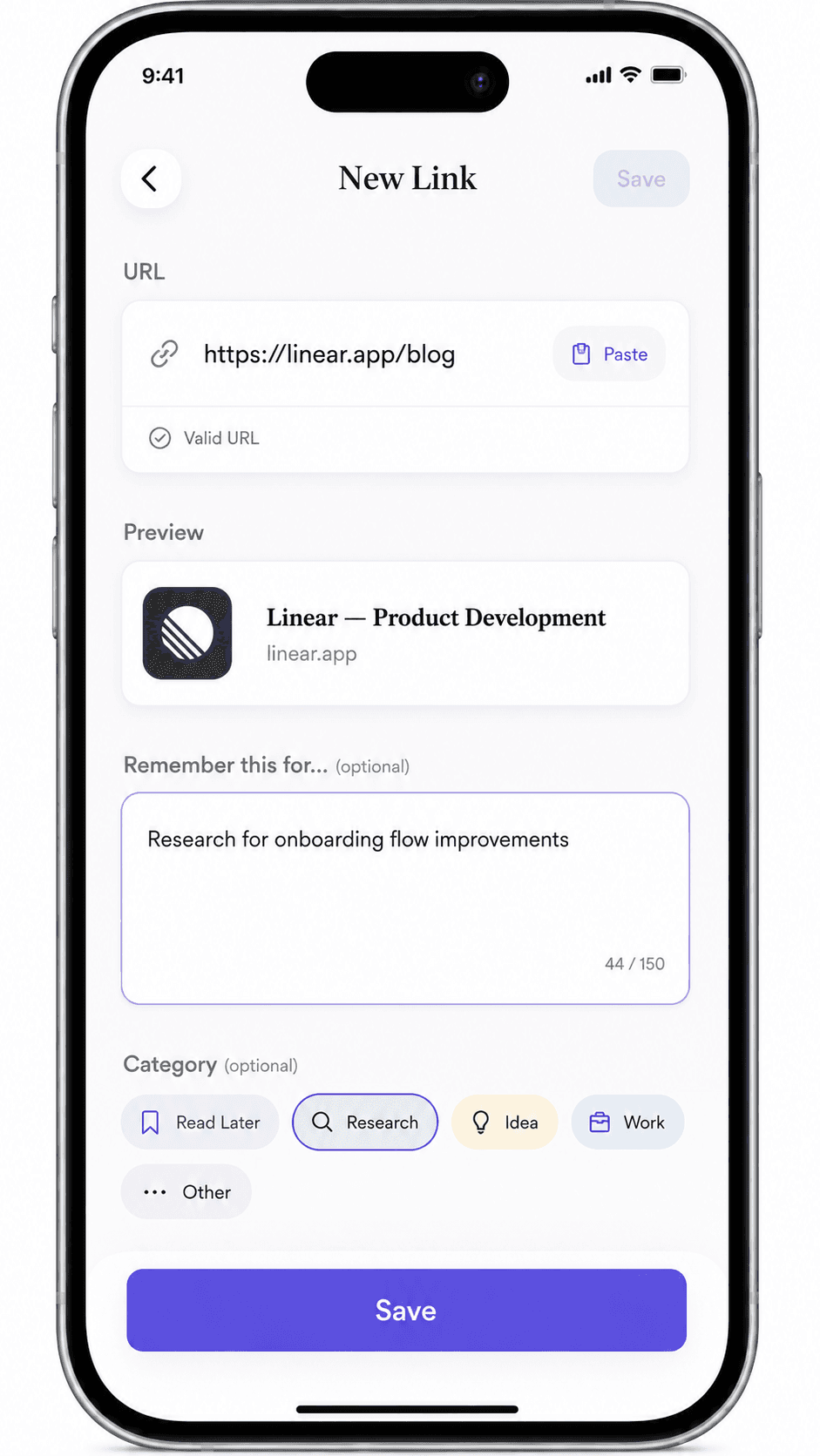 JustURLs new link screen with URL, notes, and category