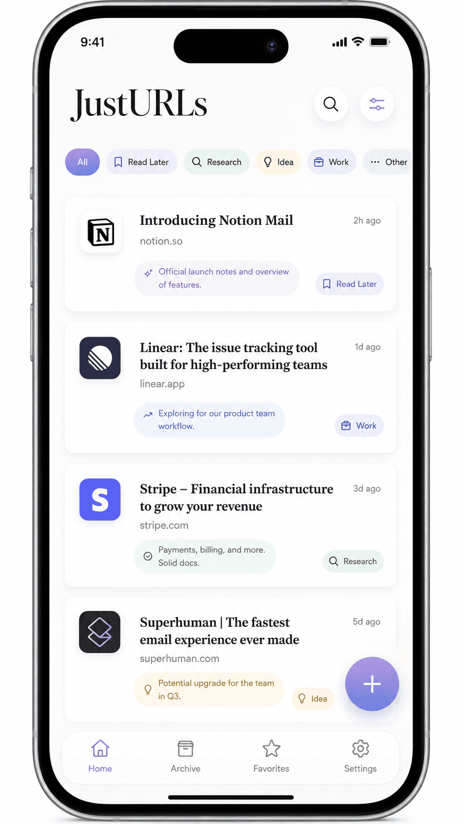 JustURLs home screen showing saved links