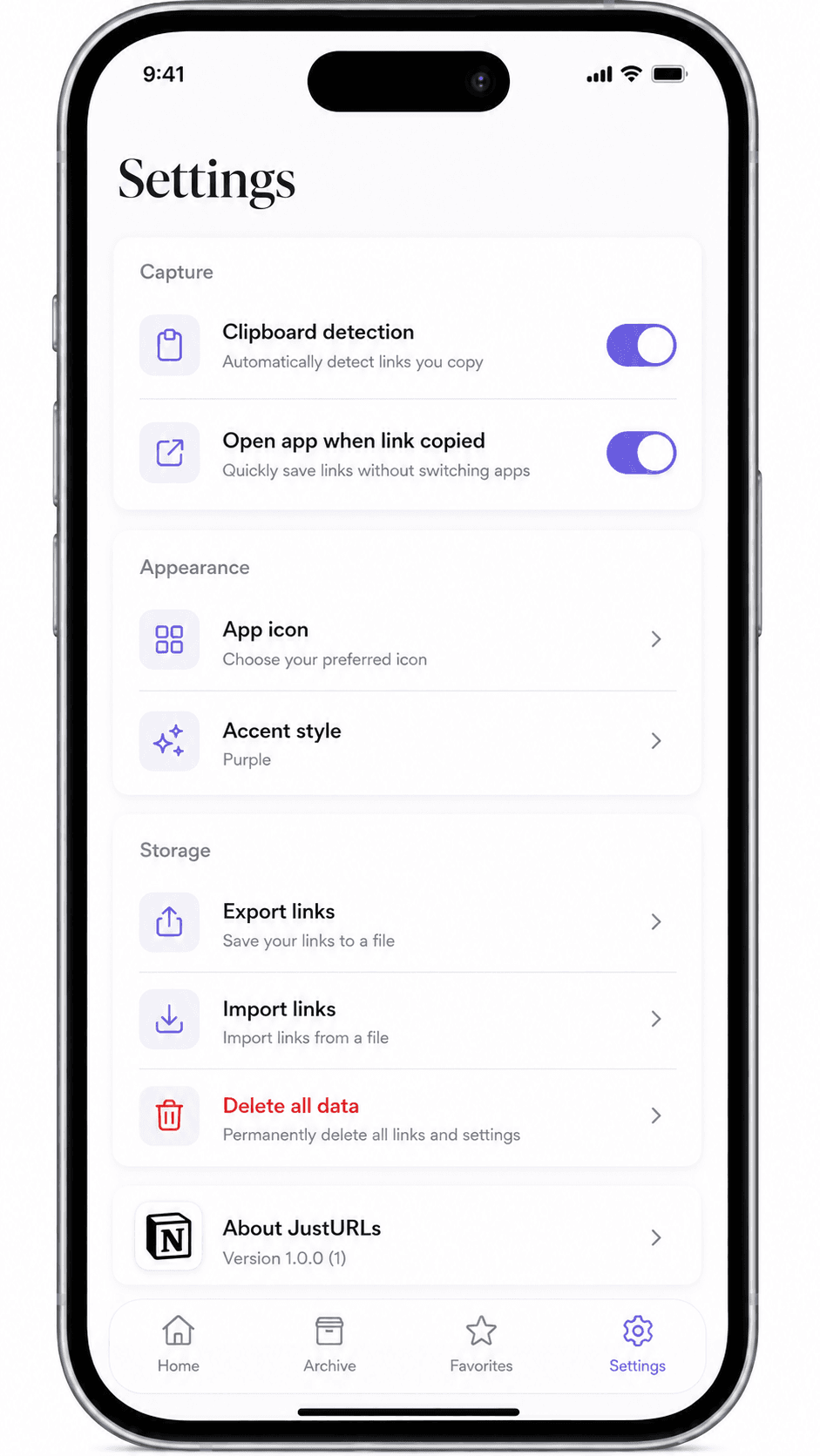 JustURLs Private by default screen