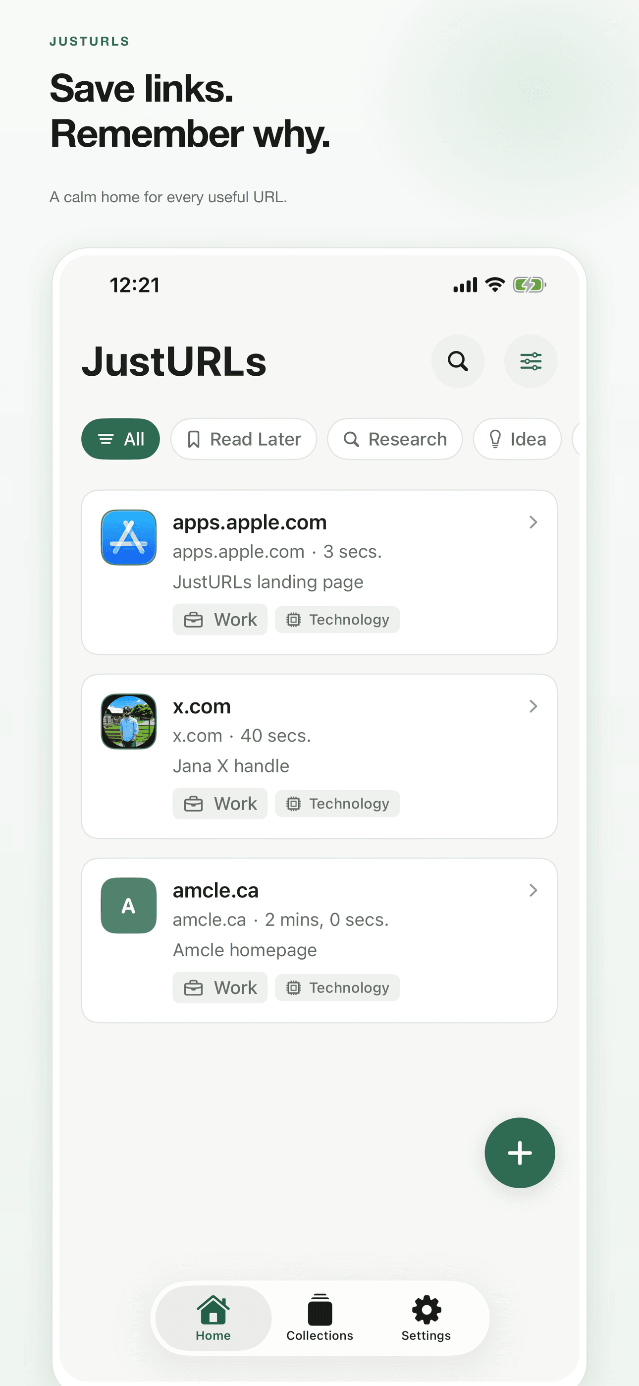 JustURLs App Store preview showing saved links with context