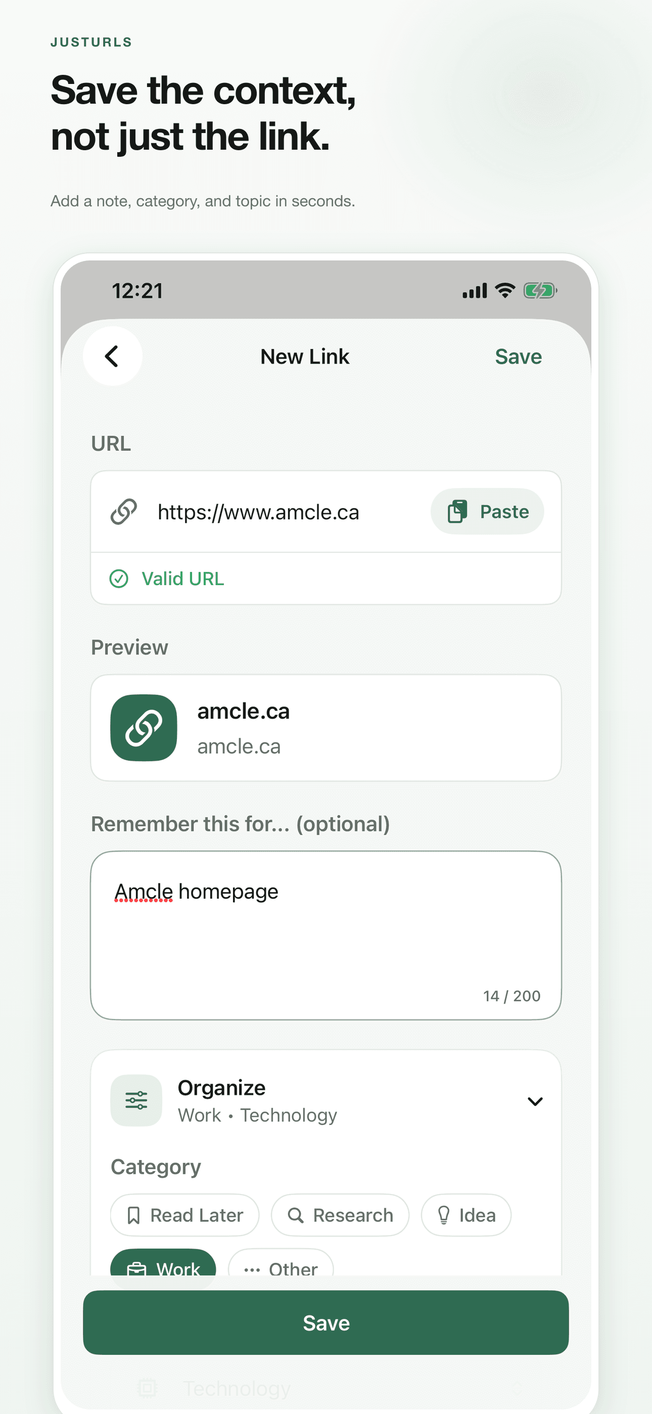 JustURLs Add the context screen