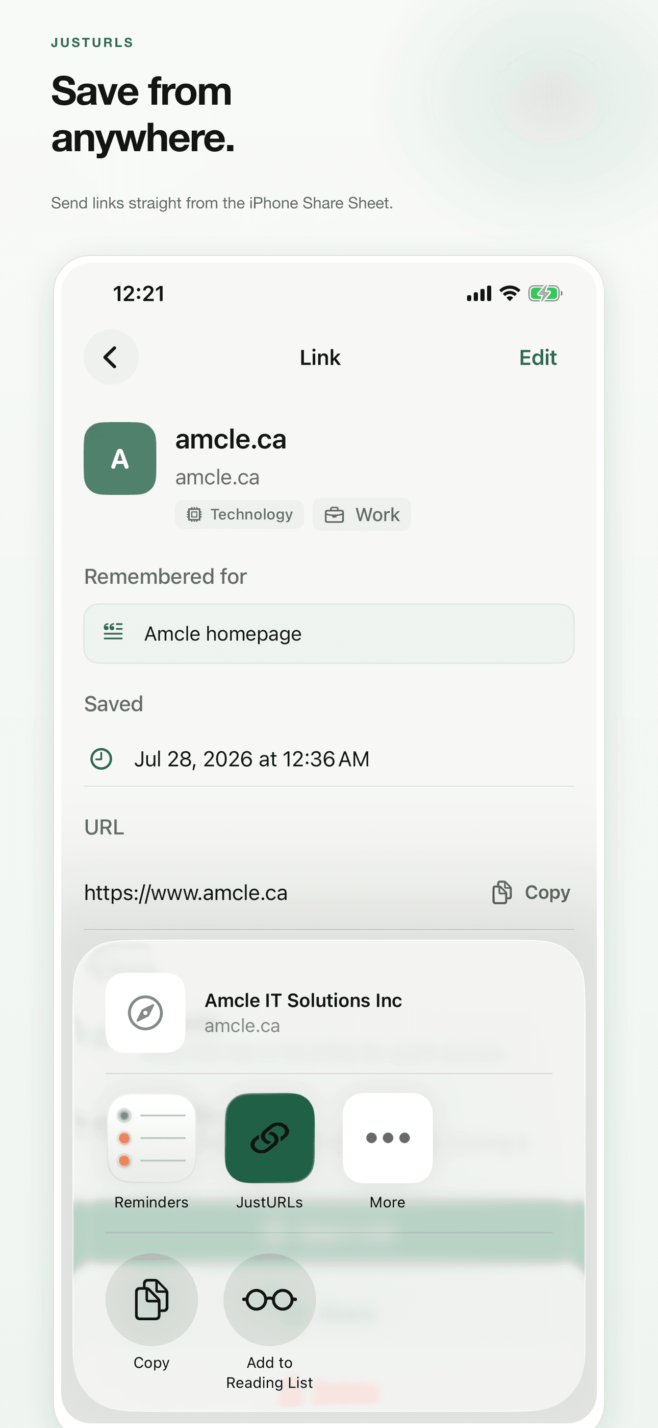 JustURLs Save from anywhere screen