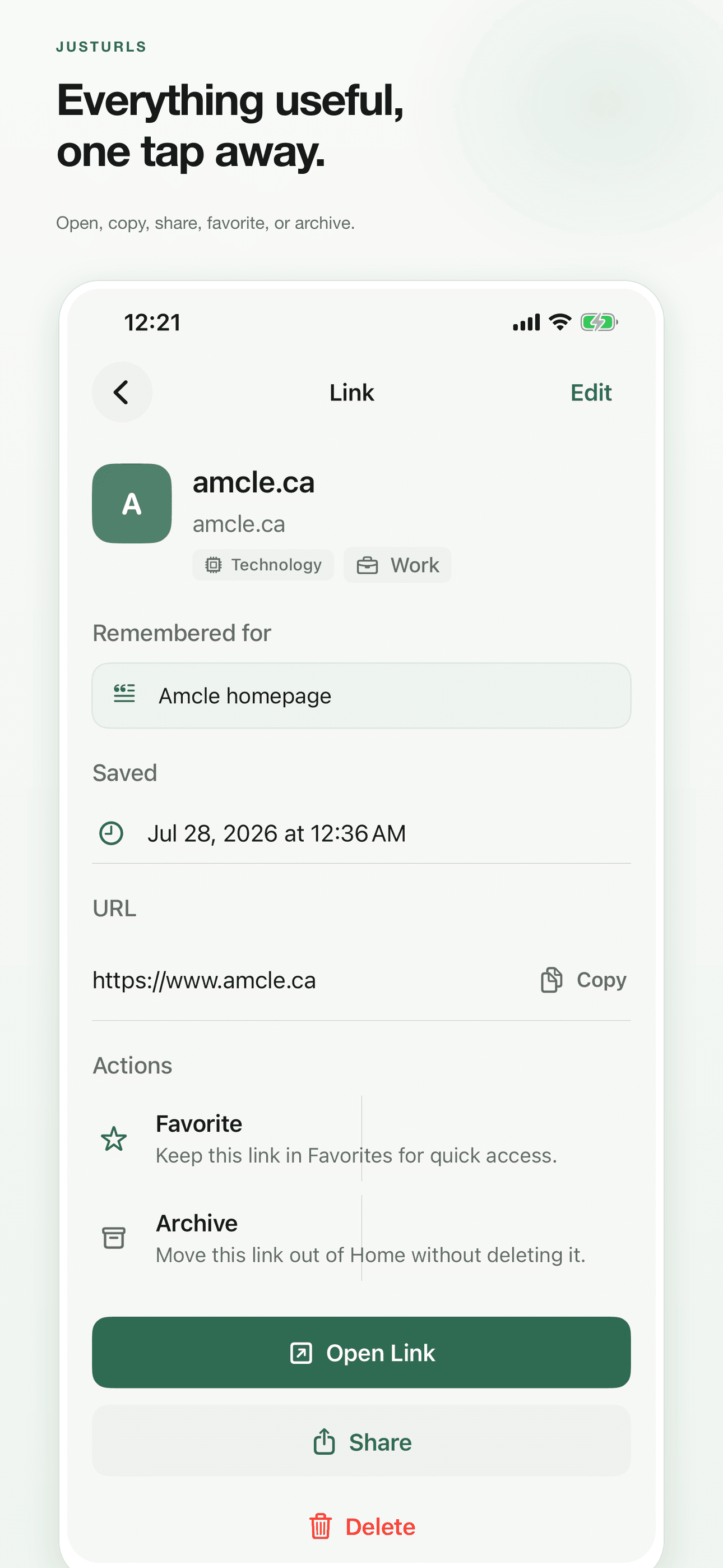 JustURLs Every useful action screen