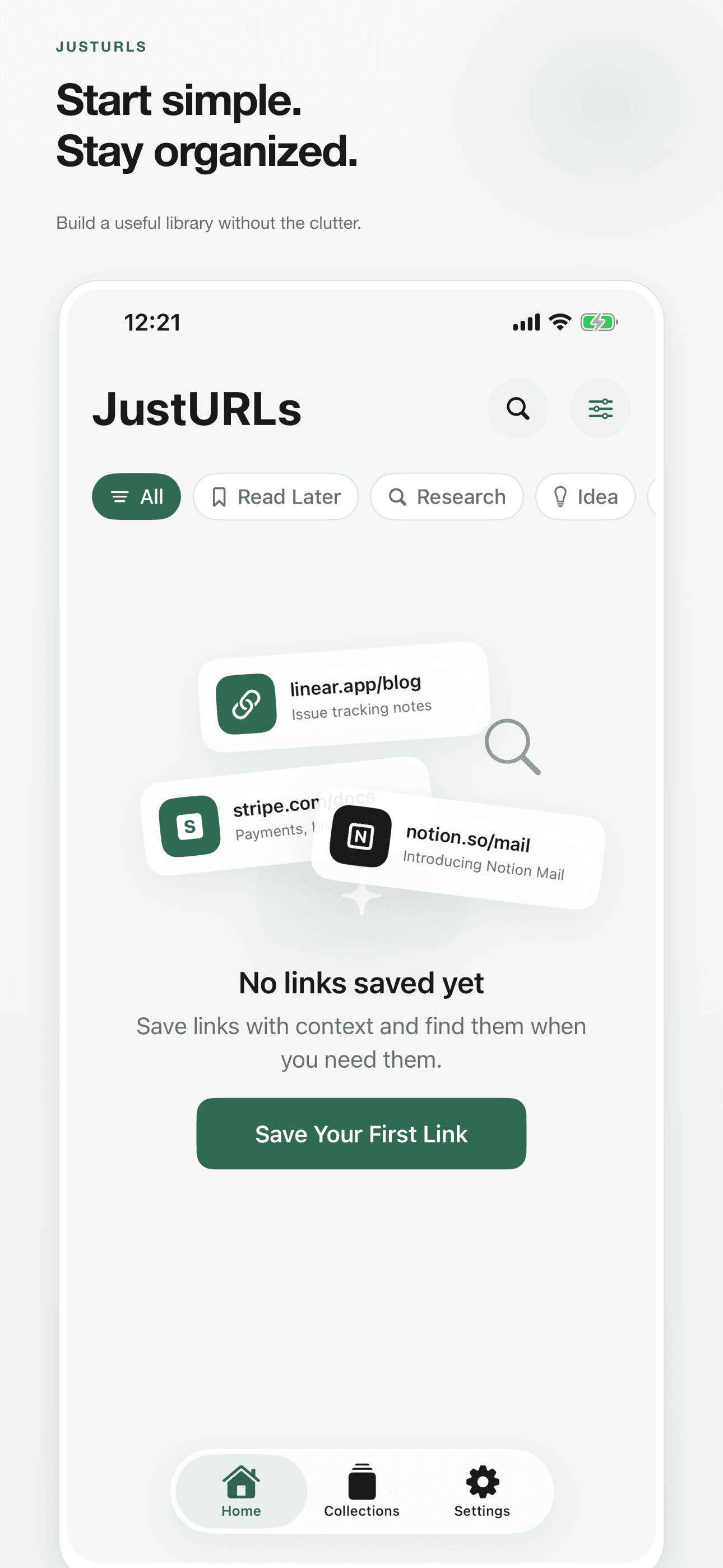 JustURLs Simple and organized screen