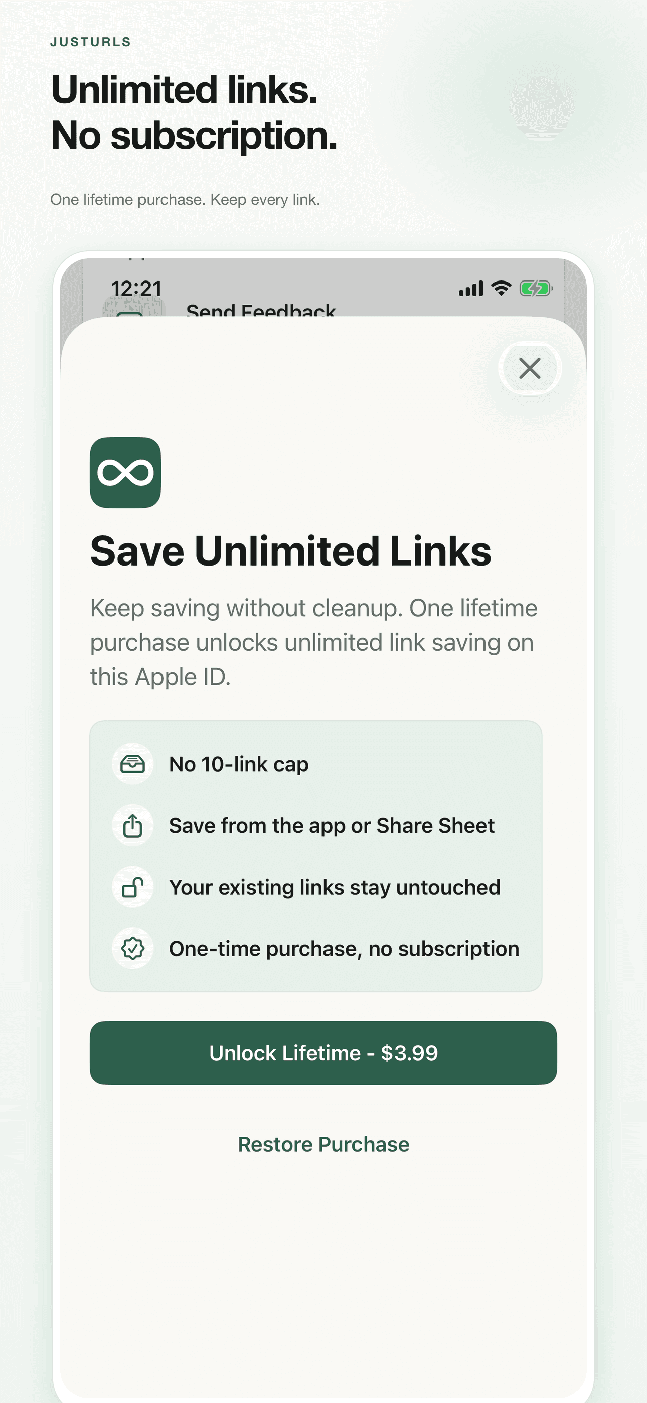 JustURLs One-time unlock screen